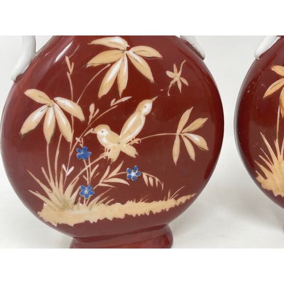 RARE! Pair Flambe OXBLOOD Red Chinese Porcelain Bird Vase ~Vintage - Picture 2 of 10